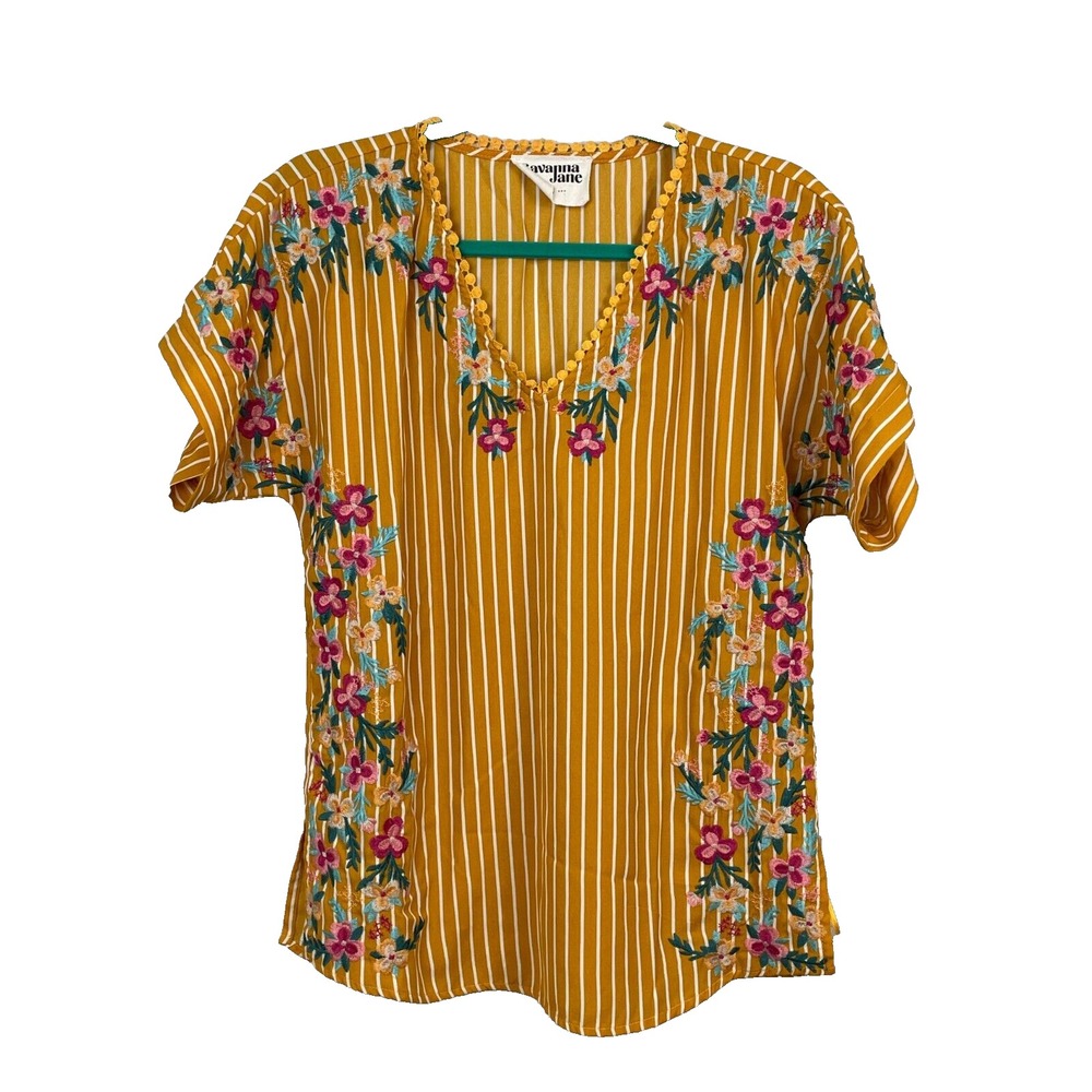 Savanna Jane Shirt Women Small Top Yellow Striped Floral Embroidered Boho Blouse